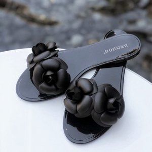 NEW Black Camellia Flower Jelly Beach Slip On Slides Sandal Slippers Flats Shoes